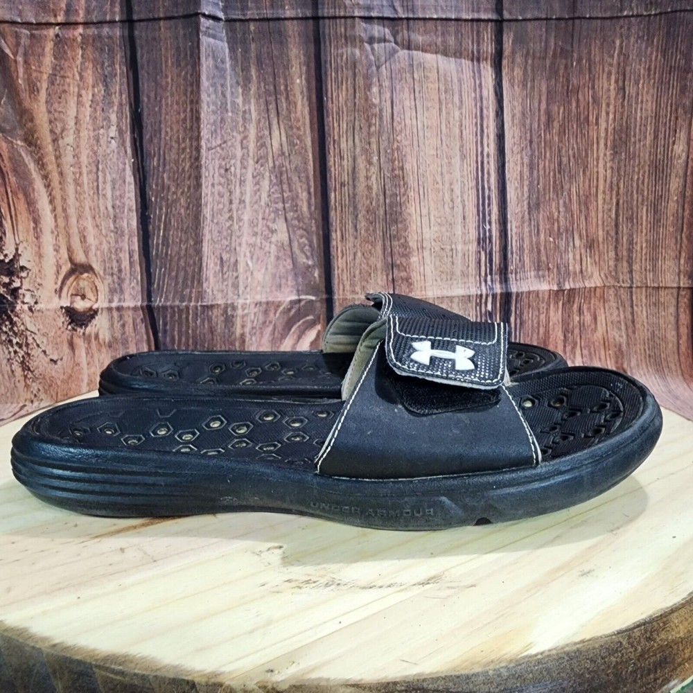 Under Armour Womens Size 8.5 Black Slides Hook & Loop Strap Beach Sports Comfort